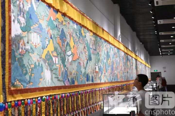 圖為一名小朋友觀看唐卡《涼州會盟》。 中新社記者 戴文昌 攝