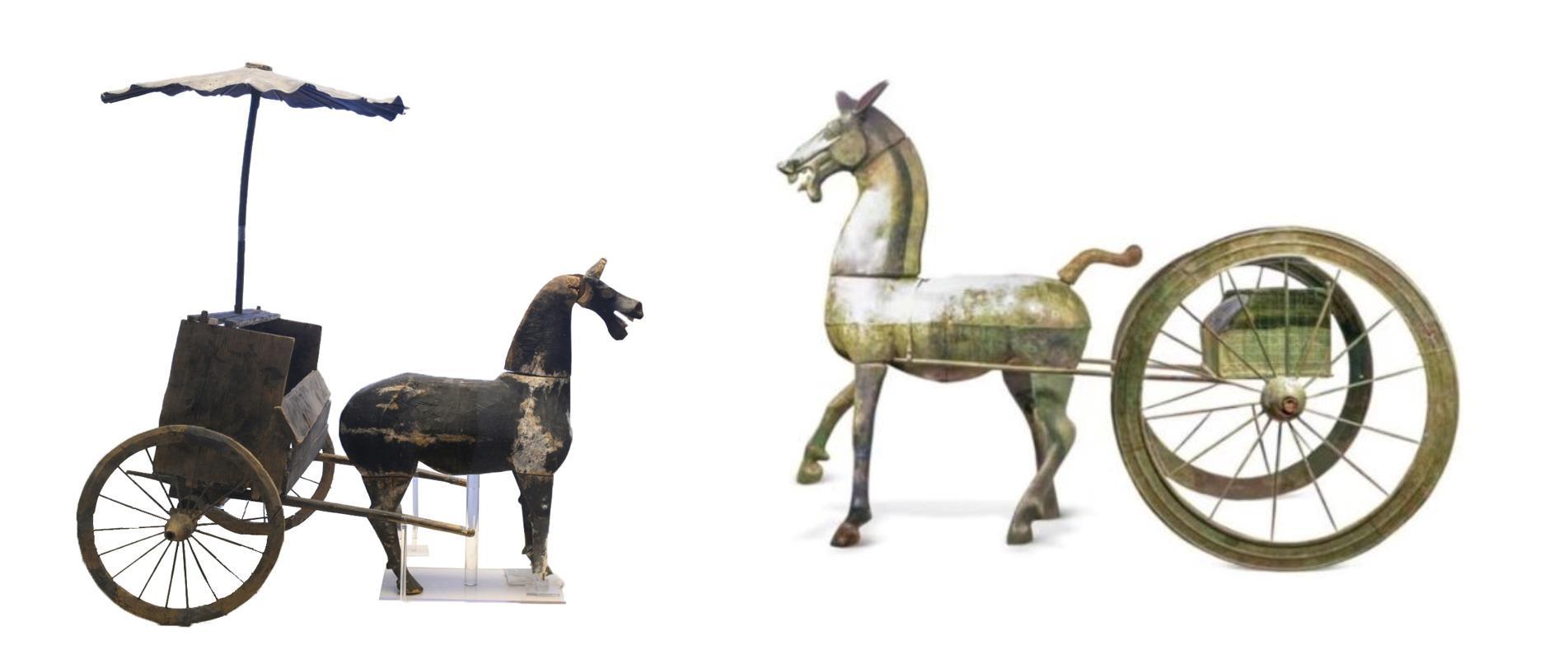 △左為漢代木軺車，藏于青海省博物館；右為東漢銅車馬，藏于黔西南州博物館。